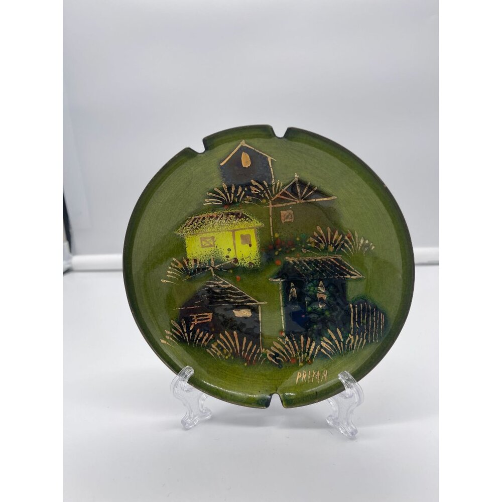 Vintage Prima Enamel on Copper Ashtray Trinket Dish House Village Scene